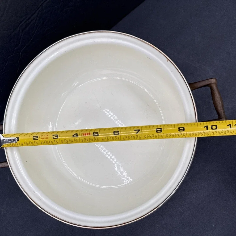 Vintage Cornucopia Dutch Oven Enamel Fruit Covered Lid Pot Brass Casserole